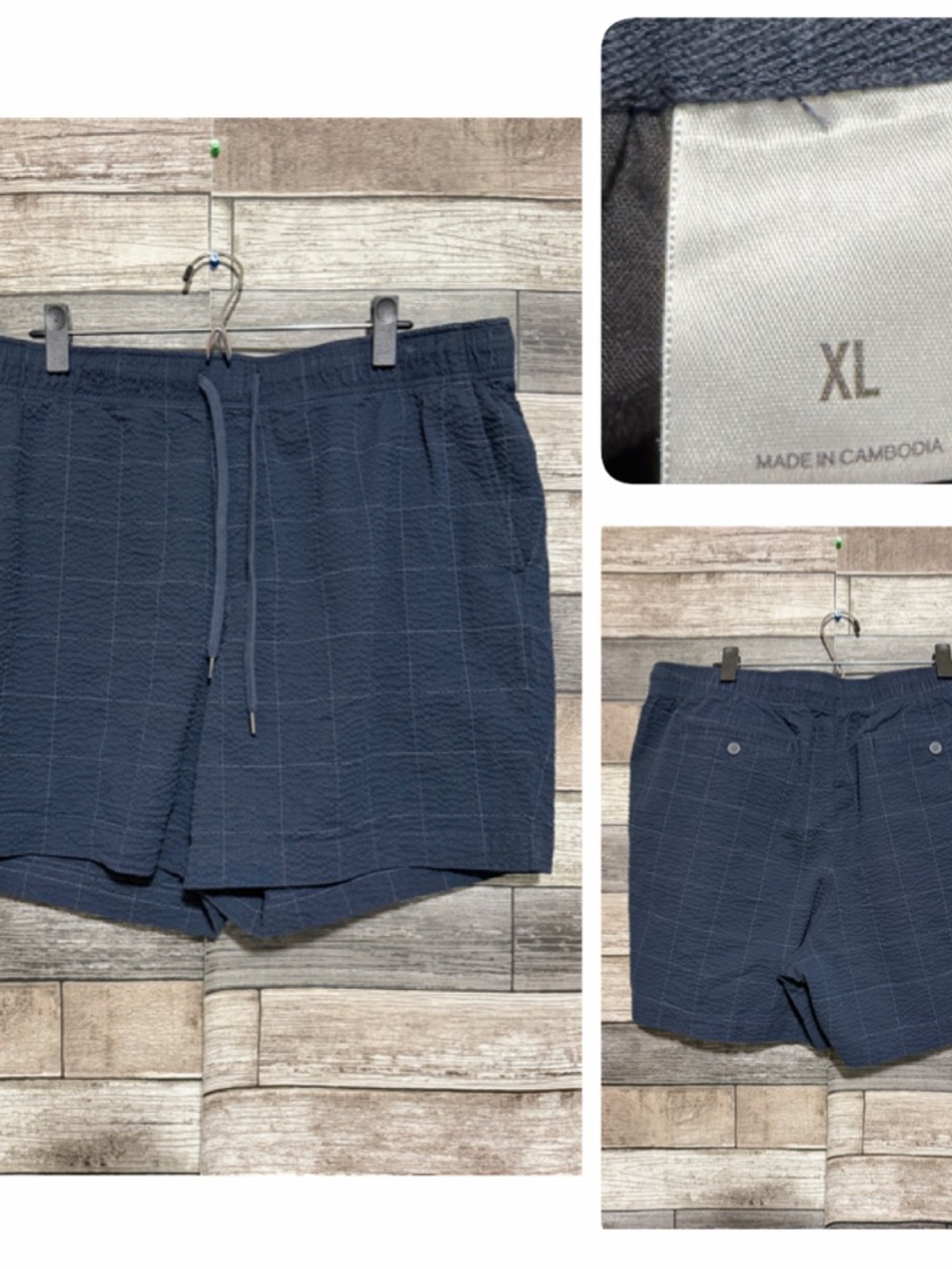 Express Seersucker Plaid Shorts Men’s XL Navy Blue Drawstring (Inseam 7)